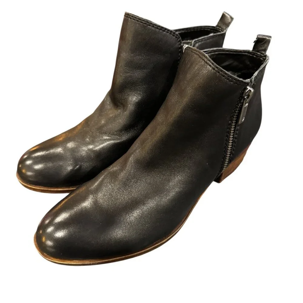 Lucky Brand Basel Black Leather Ankle Booties Size 8.5 Western Zip Boots